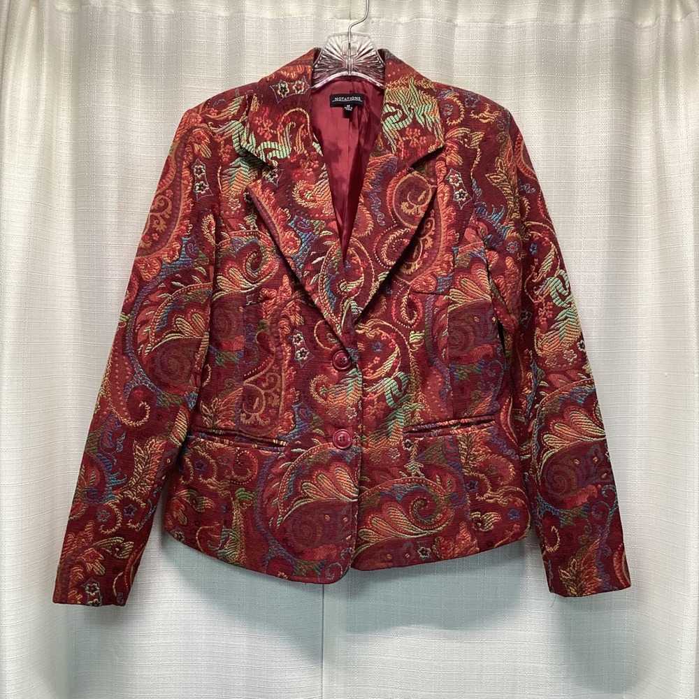 Notations Red Paisley Tapestry Blazer Jacket Women Medium Jacquard Office Casual